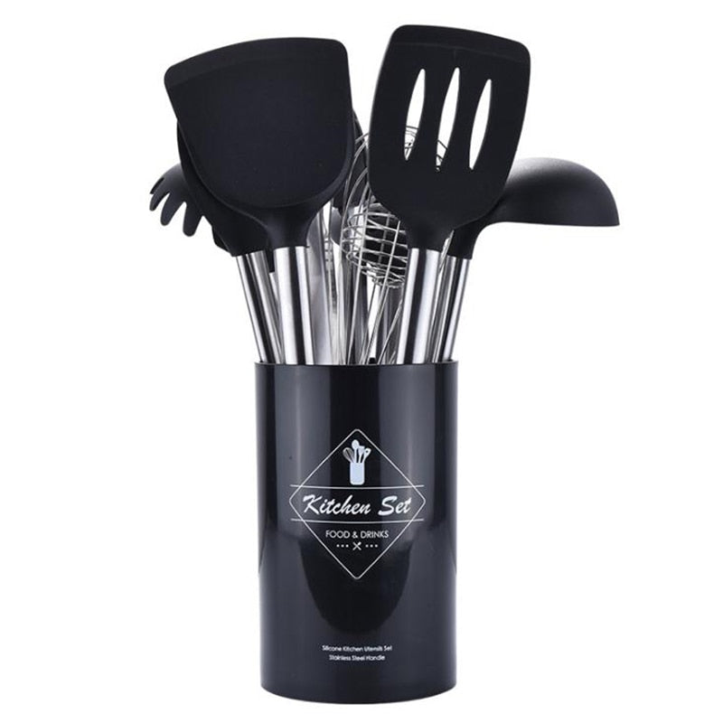 Stainless Steel Kitchen Utensil Set with Silicone Heads