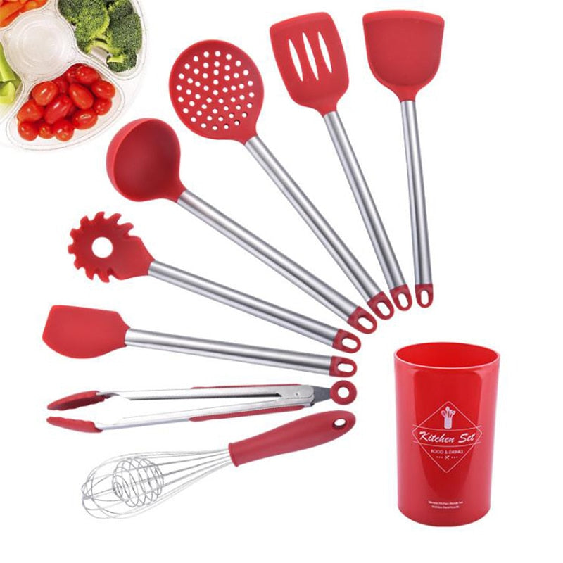 Stainless Steel Kitchen Utensil Set with Silicone Heads