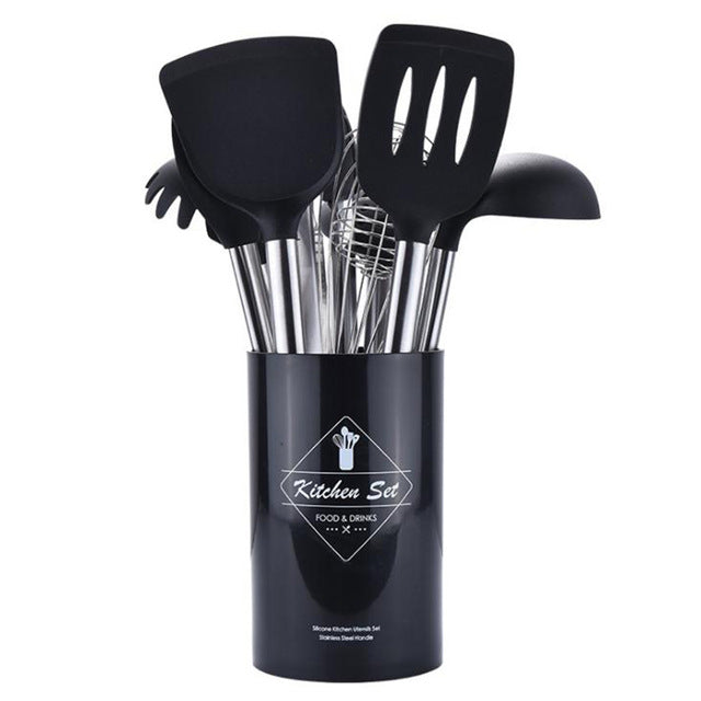 Stainless Steel Kitchen Utensil Set with Silicone Heads
