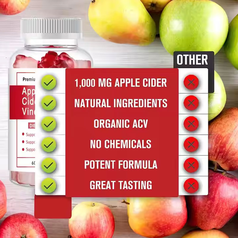 Wooden table with fresh red apples, sliced apple, cinnamon stick, ginger, lab tested seal, and product bottle with 'DETOX AND CLEANSE YOUR BODY' text overlay