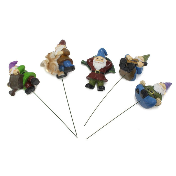 Resin Garden Gnome Figurines Set of 5 with Pot Stakes
