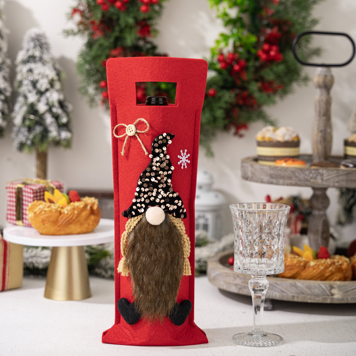 Christmas Wine Bottle Cover | Festive Gnome Display