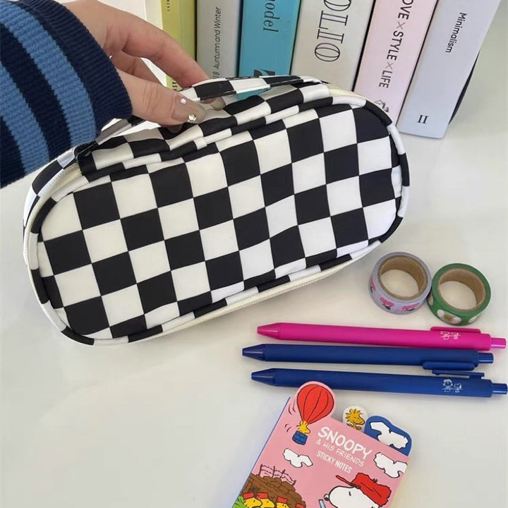 Large Capacity Checkerboard Pencil Case for Students