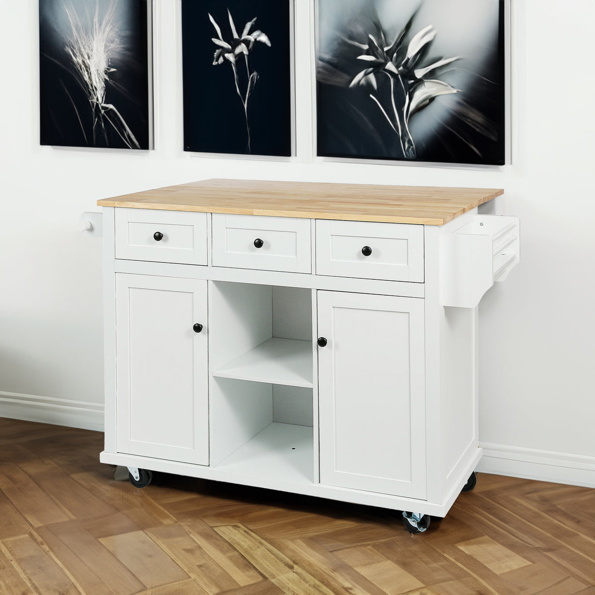 Rubber Wood Kitchen Island Cart with Drop Leaf Extensions