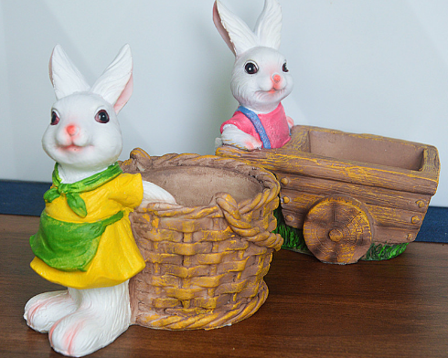 Rabbit Succulent Planter with Cart, Hand-Painted Resin