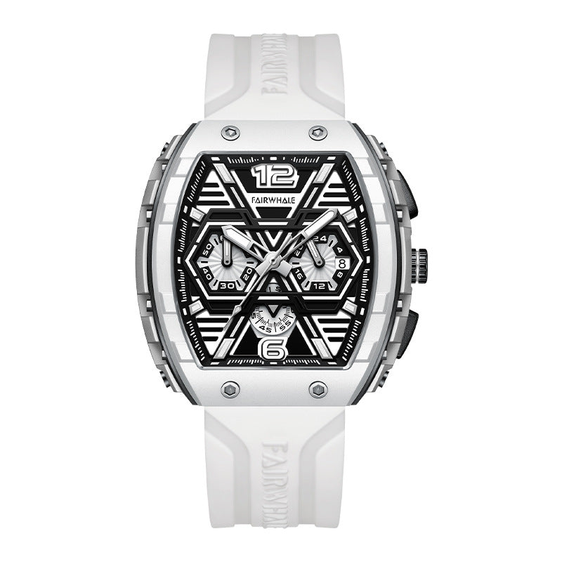 Men's Tonneau Quartz Watch, Three Subdials, Silicone Strap