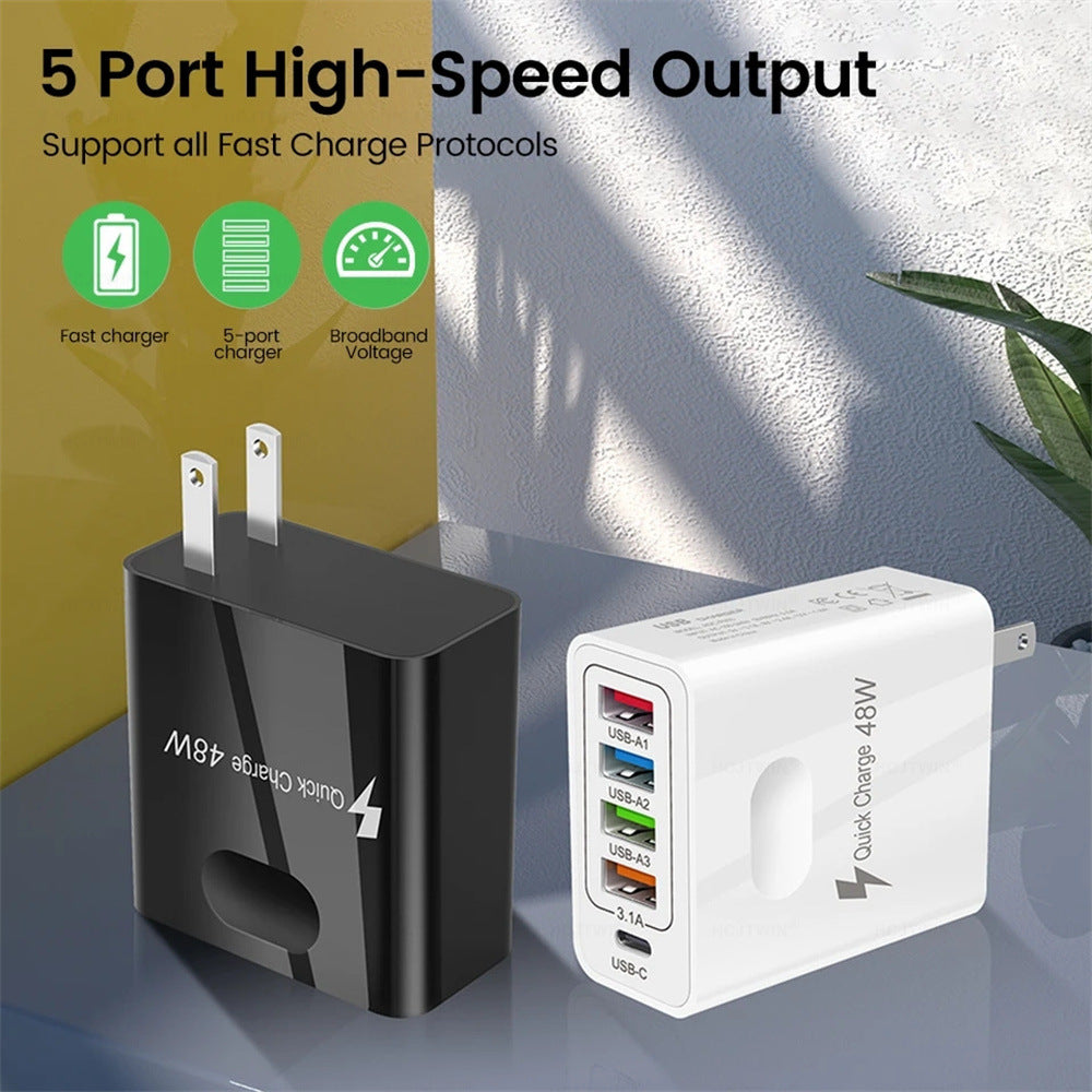 5-Port 48W USB Wall Charger with USB-C PD Fast Charging