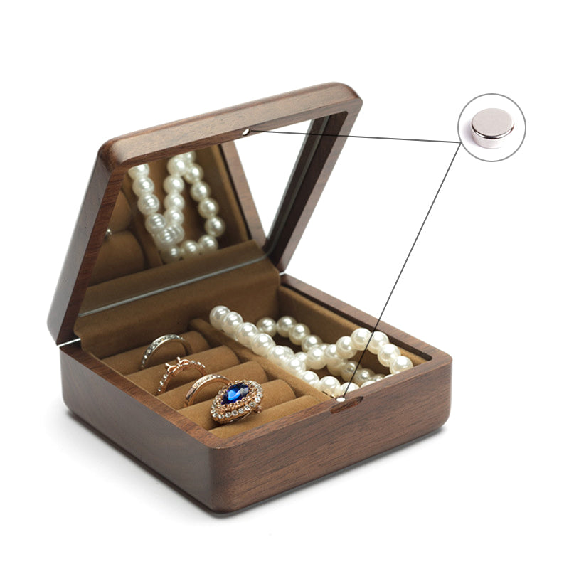 Solid Black Walnut Jewelry Box with Mirror & Magnetic Lid