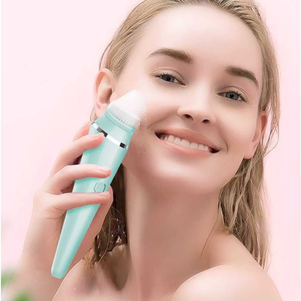 Woman using mint green facial brush on cheek against pink background, smiling with visibly clear, glowing skin