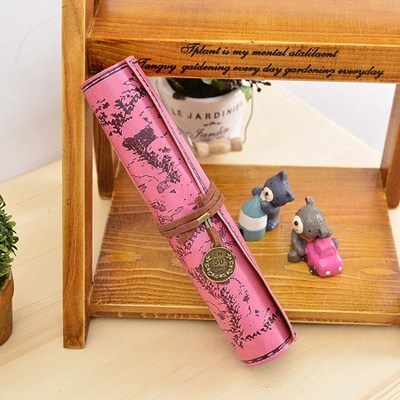 Retro Leather Pencil Case Roll-Up with Vintage Map Print