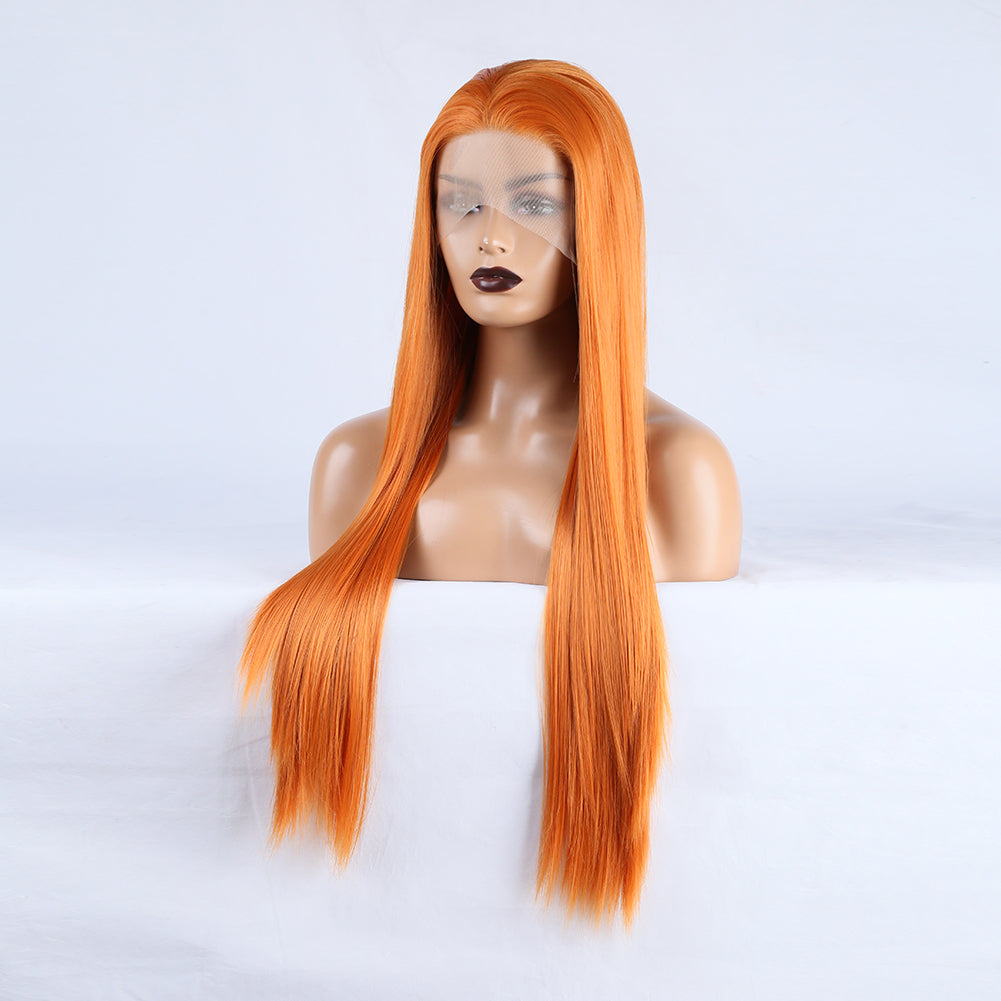 Long Straight Orange Lace-Front Wig With Natural Hairline