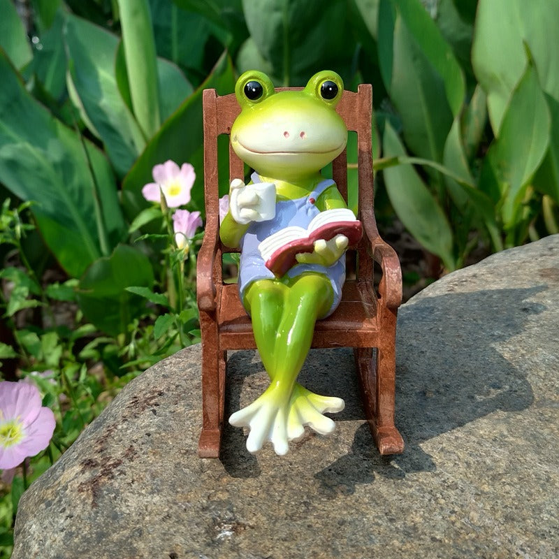 Reading Frog Rocking Chair Micro Landscape Ornament