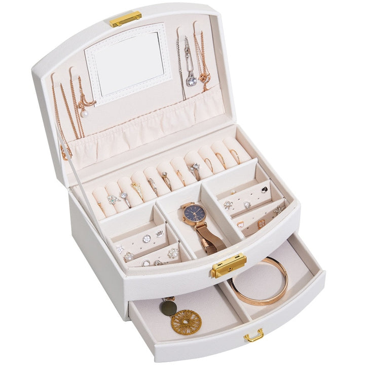 Leather Travel Jewelry Box with Mirror and Organizer