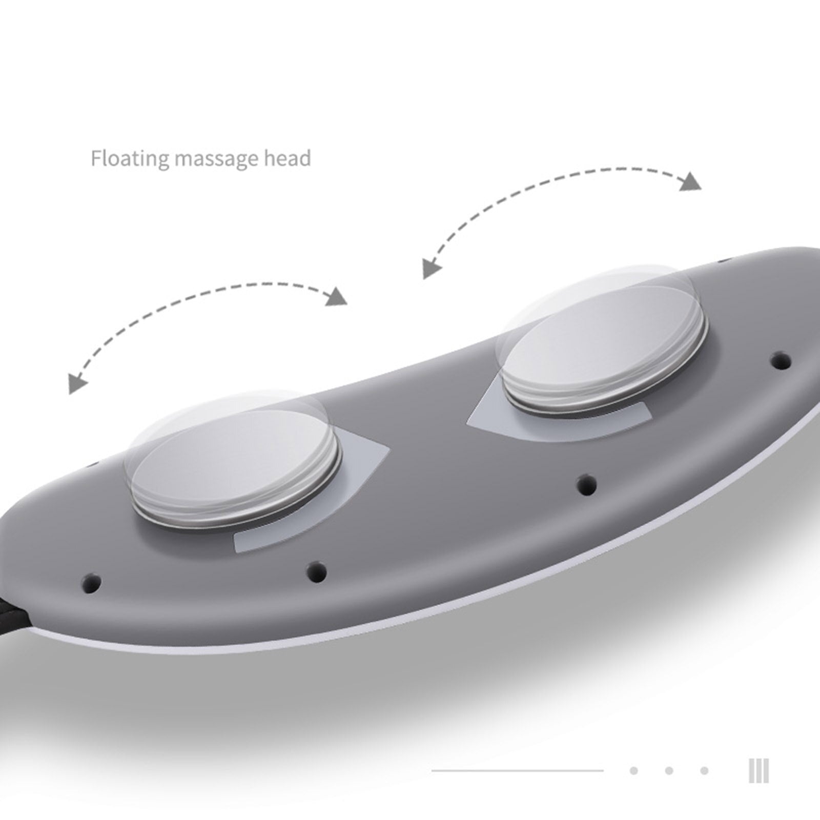 Close-up technical illustration of floating massage heads with directional arrows showing movement and flexibility