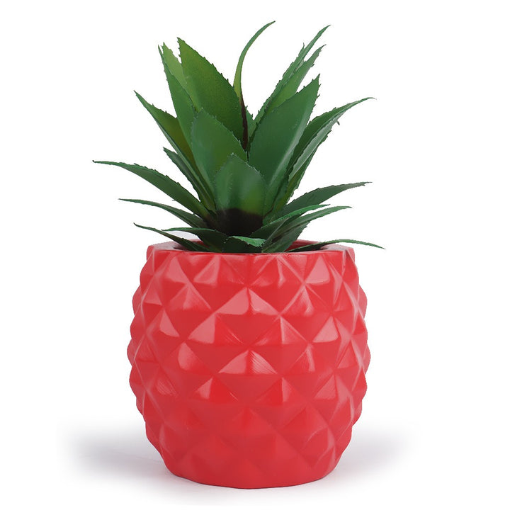 Red Pineapple Planter with Faux Agave for Desk Decor