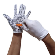 Hand wearing acupoint diagram glove in palm-up position showing detailed organ and meridian mapping with orange acupressure tool held in fingers