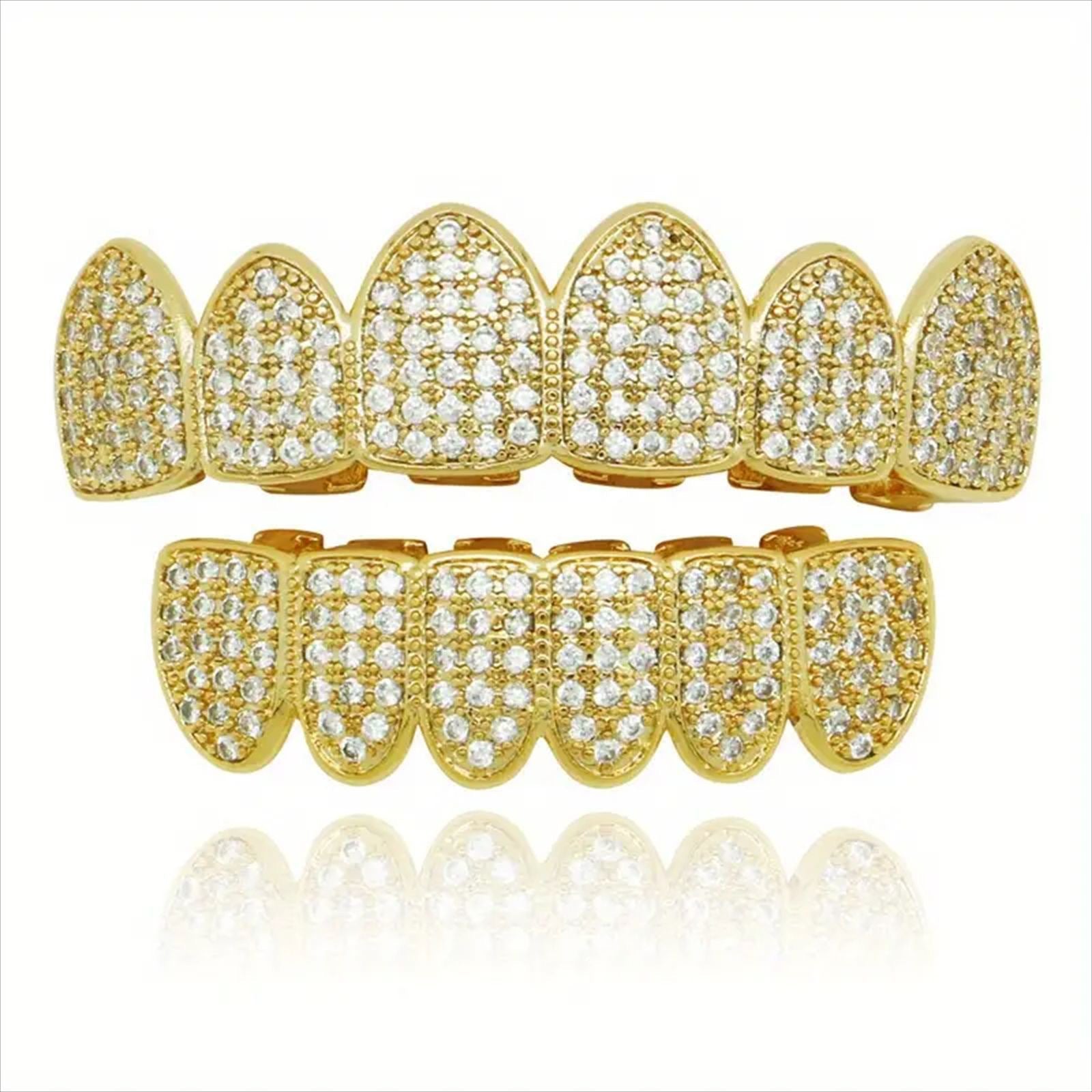 Gold-tone top and bottom CZ grillz set on white background showing complete set