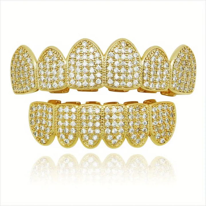 Iced-Out Hip Hop Grillz — Full CZ Pavé Set in Gold & Silver