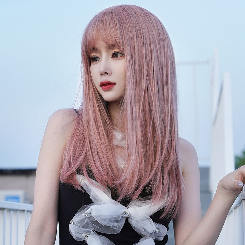 Pink Long Hair Wig with Air Bangs for Instant Style