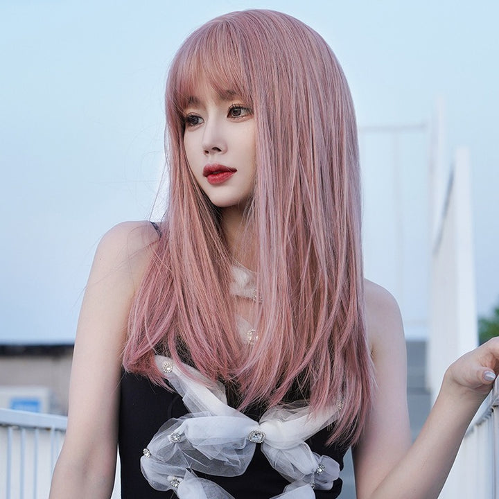 Pink Long Hair Wig with Air Bangs for Instant Style