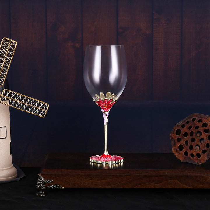Gold Enamel Flower Red Wine Glass Gift for Wine Lovers