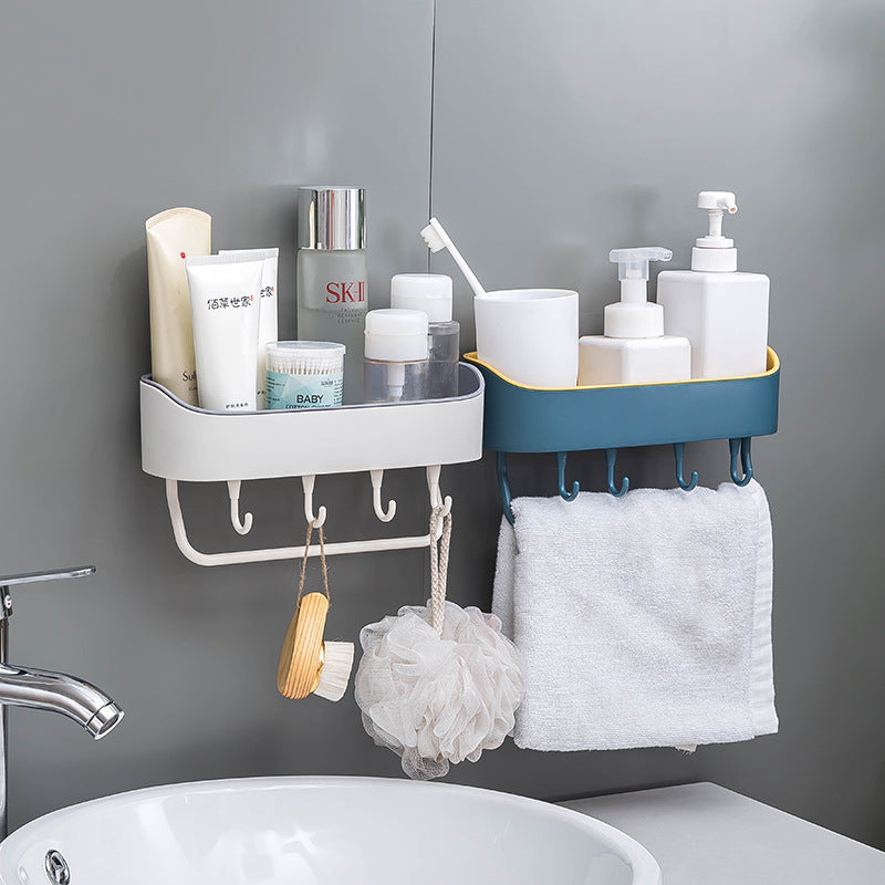 Punch-Free Bathroom Wall Shelf with Hooks and Towel Bar