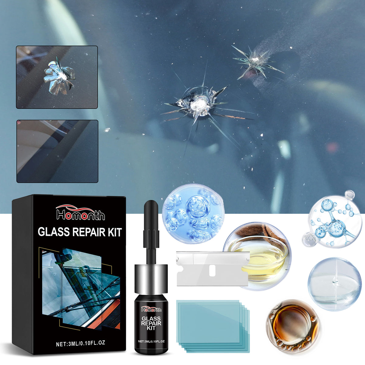 Windshield Glass Repair Kit for Small Chips & Cracks