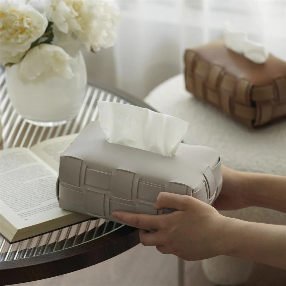 Woven Faux-Leather Tissue Box Holder for Living Room