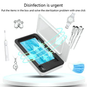 UV sterilization box surrounded by disinfectable items (phone, jewelry, watch, toothbrush, makeup brushes, mask) with cyan light visualization showing sterilization effect