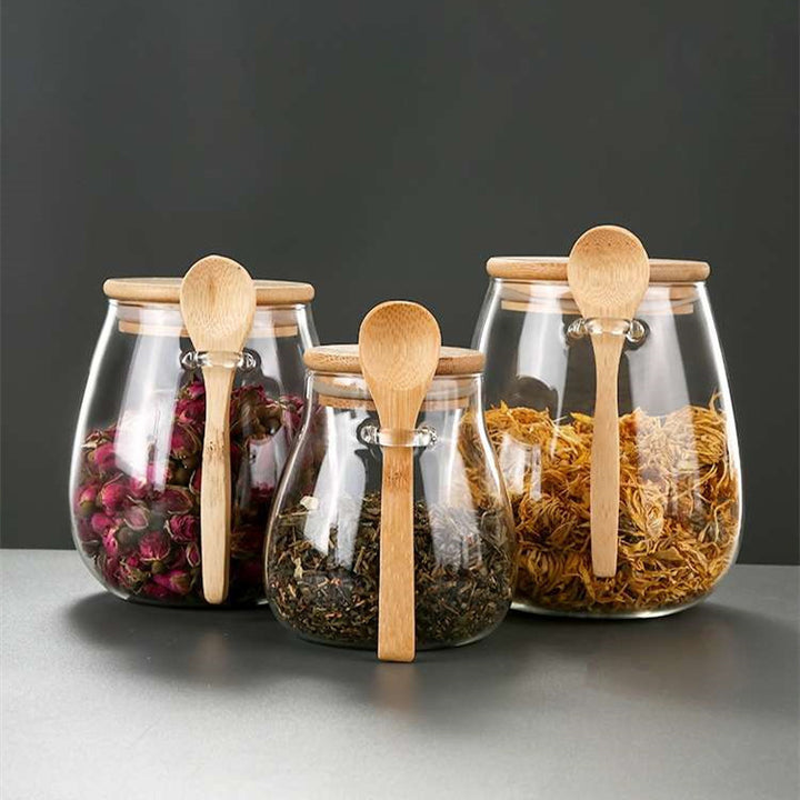 Glass Tea and Spice Jar with Bamboo Lid and Spoon