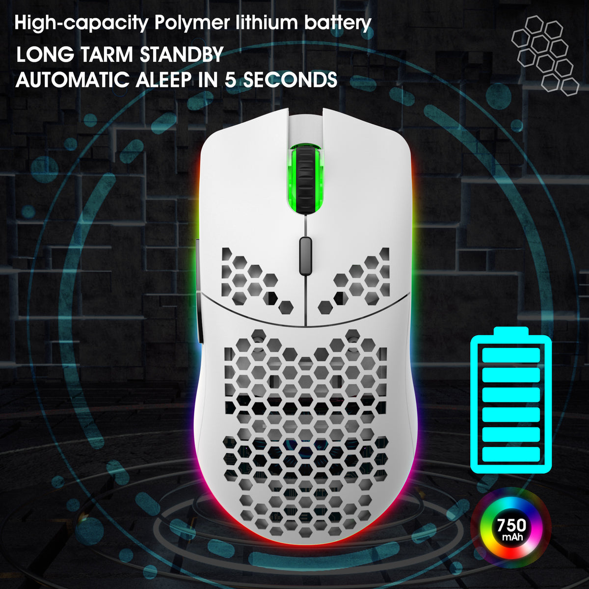 Lightweight RGB Wireless Mouse with Honeycomb Shell