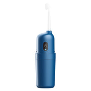 Blue electric nasal washer with white curved applicator against white background