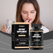 Googeer Dietary Supplement product shot showing both black bottle and matching cardboard box with peach-gold trim, 60 capsules
