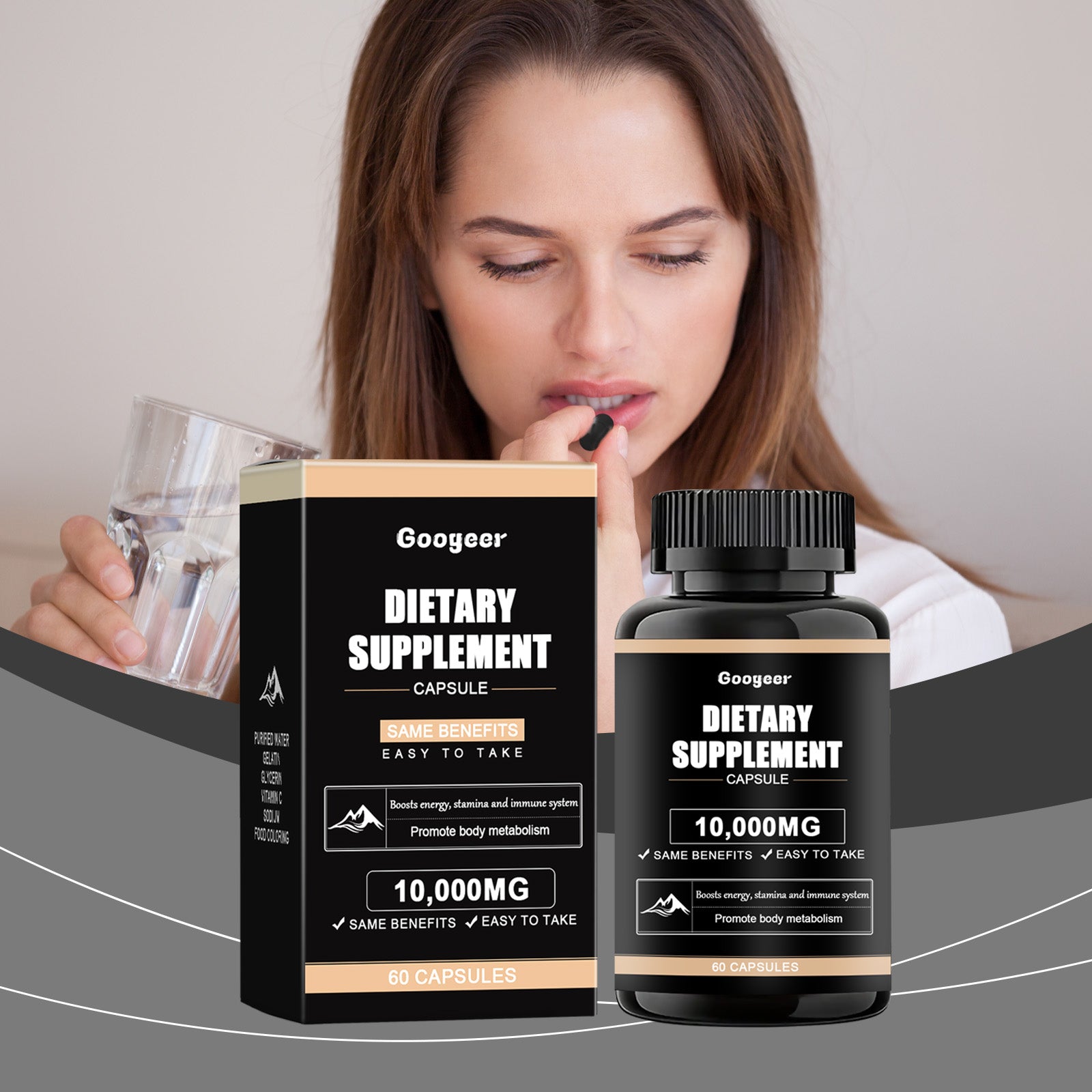 Googeer Dietary Supplement product shot showing both black bottle and matching cardboard box with peach-gold trim, 60 capsules
