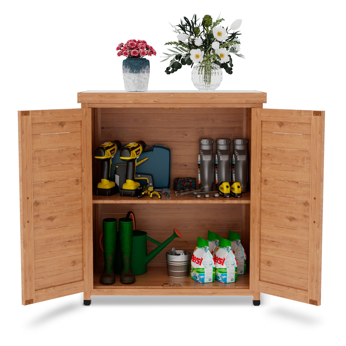 Outdoor Potting Bench with Storage Cabinet and Metal Top