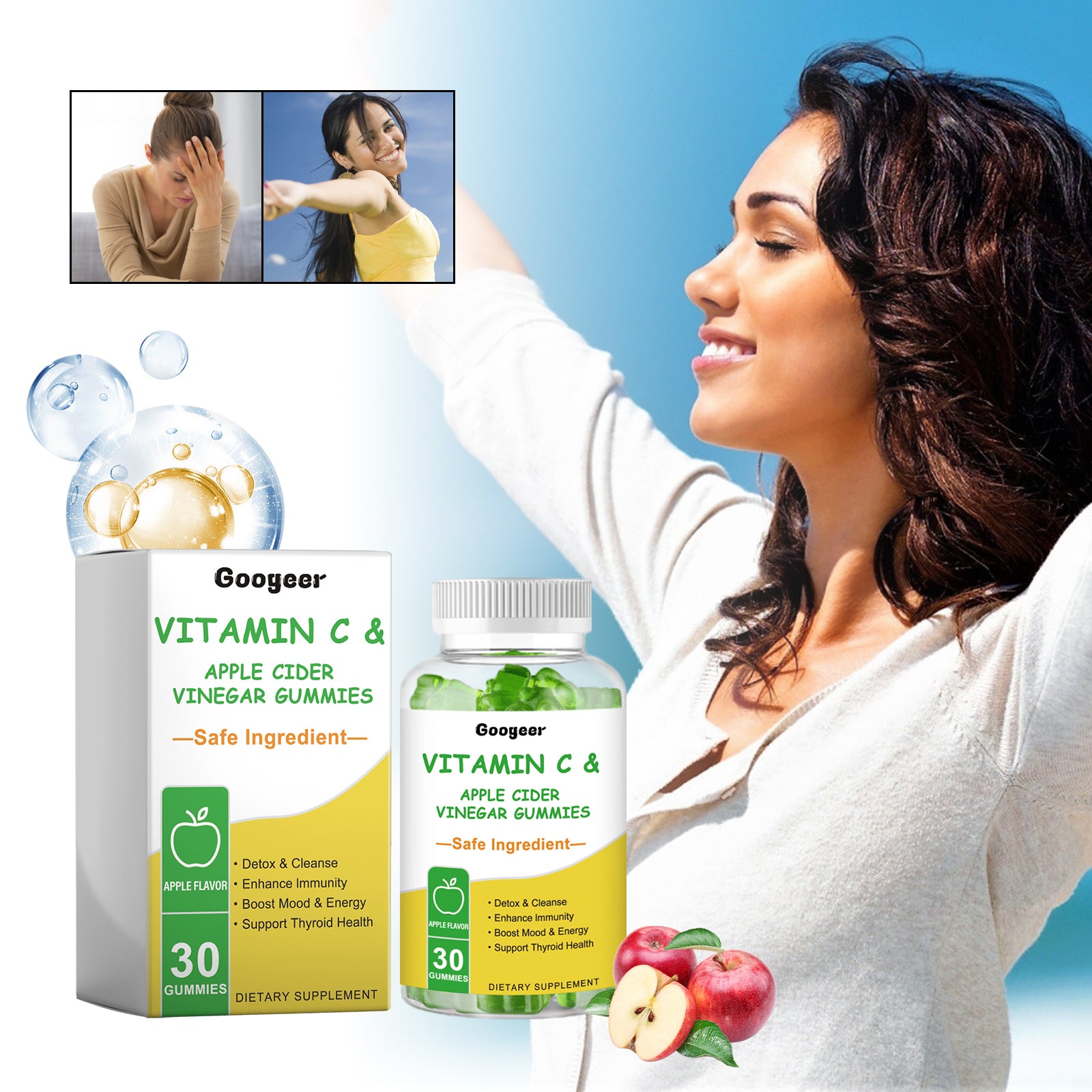 Young woman in white sweater with confident smile, surrounded by product bottles, apples, and ingredient visualization with golden droplets