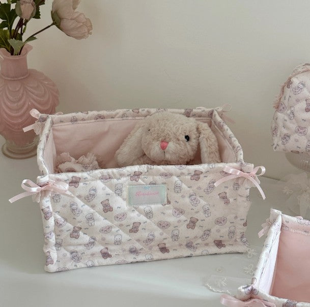 Quilted Bear Makeup Storage Basket with Satin Bow Trim