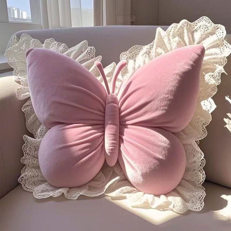 Butterfly Princess Velvet Throw Pillow with Lace Ruffle