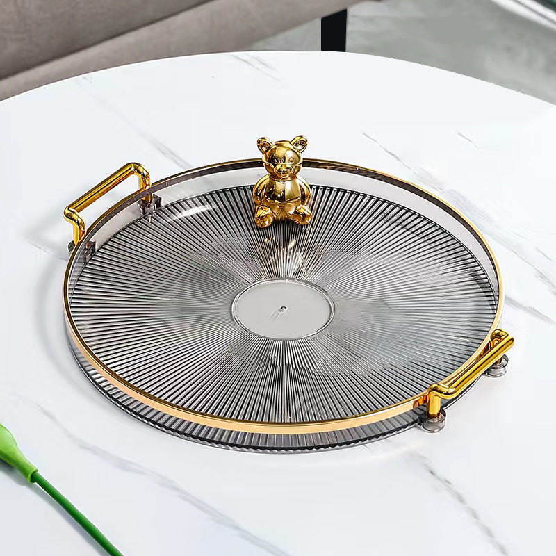 Round Serving Tray with Gold Handles and Ribbed Base