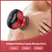 Intelligent Breathing Cupping Massage Device on shoulder with three functional modes displayed