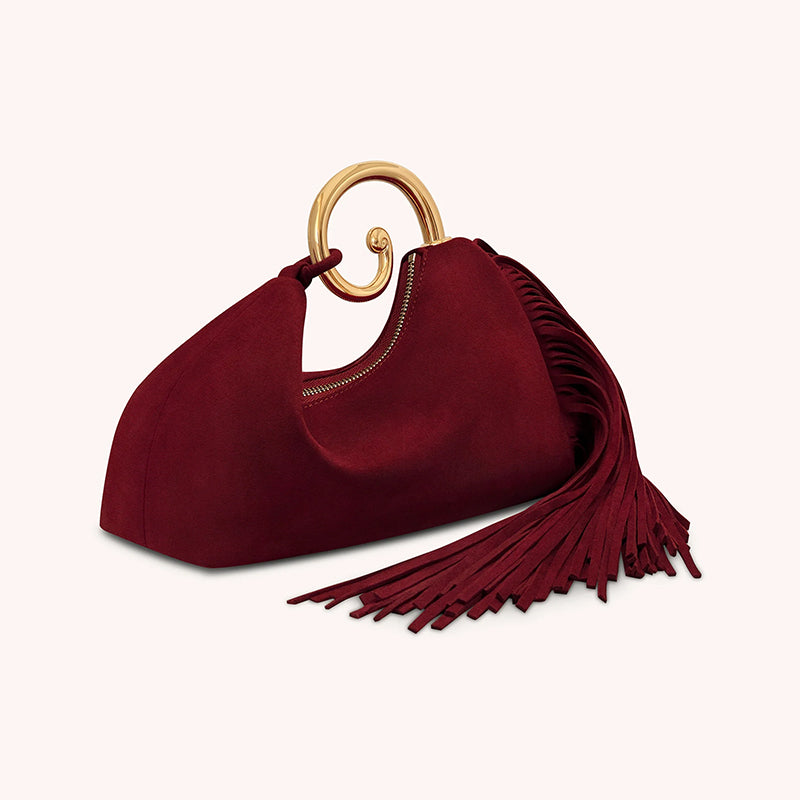 Women's Suede Handbag with Gold Spiral Handle & Fringe
