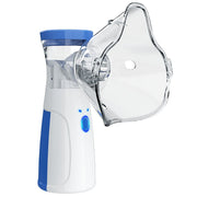 Technical breakdown showing handheld atomizer with labeled components: medicinal liquid cup, connectionless assembly, and host unit with blue power button