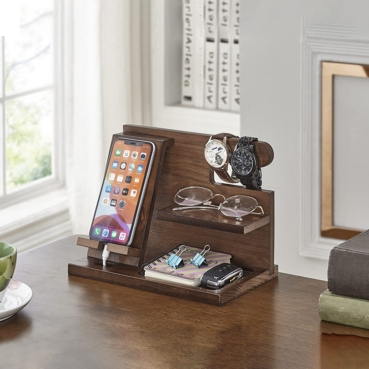 Solid Wood Phone Stand Desk Organizer with Charging