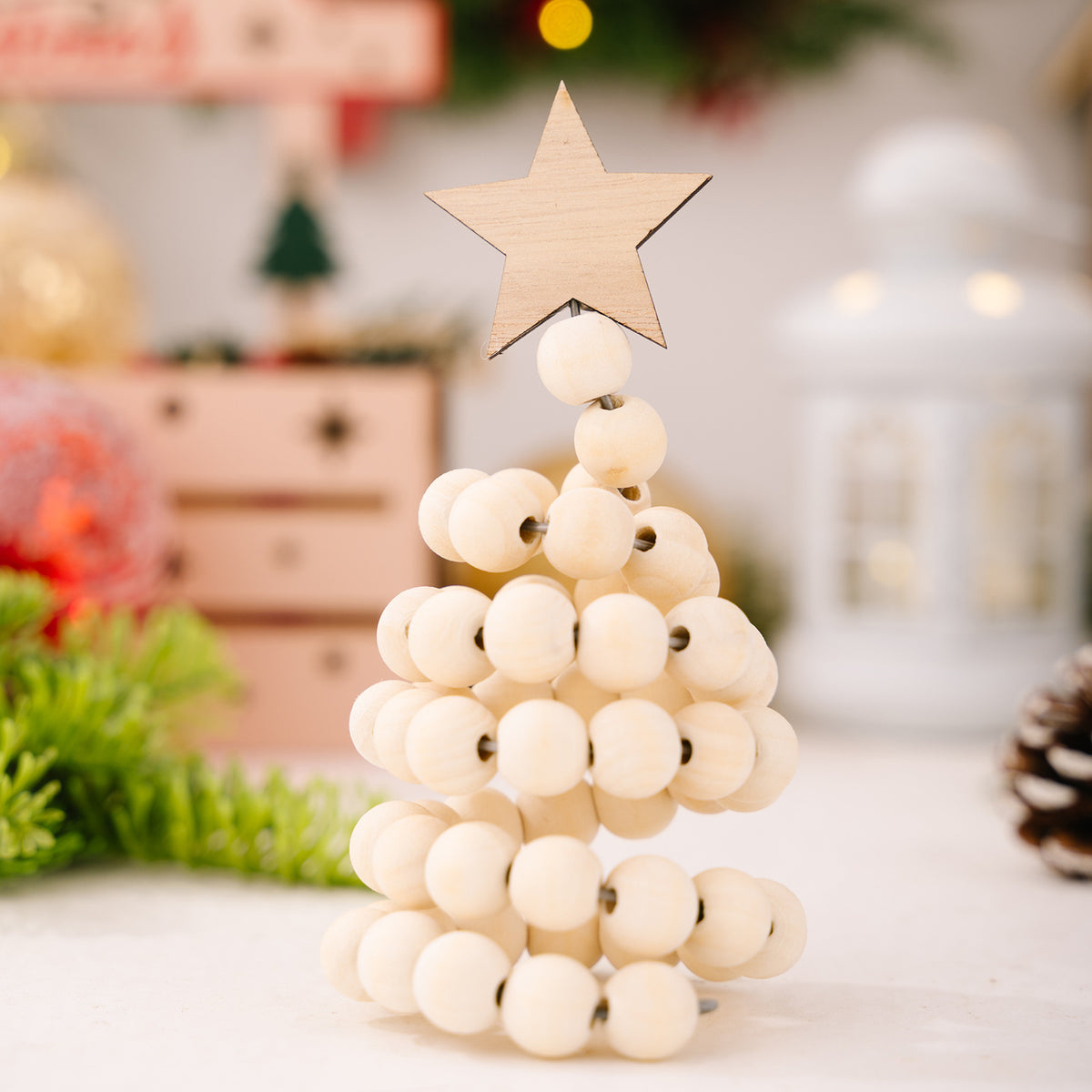 Wooden Bead Christmas Trees for Nordic Tabletop Decor