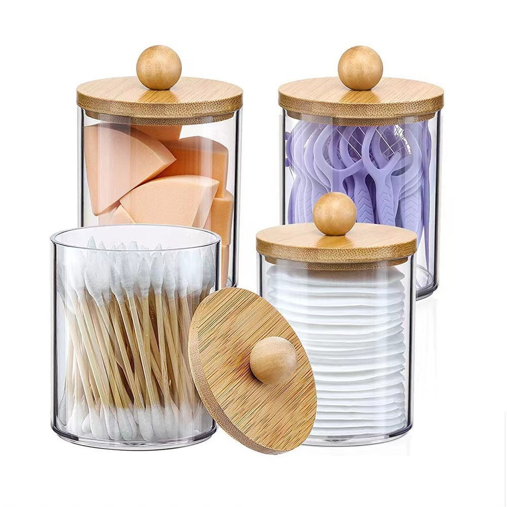Bamboo Lid Cotton Swab Holder | Clear Bathroom Storage Jar