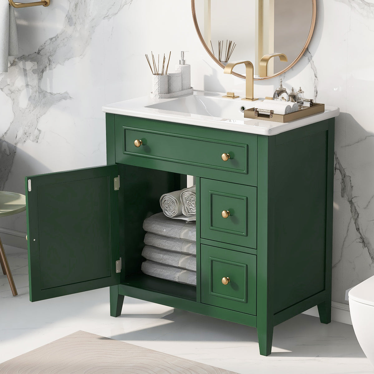 30 Inch Green Bathroom Vanity with Sink Top and Storage