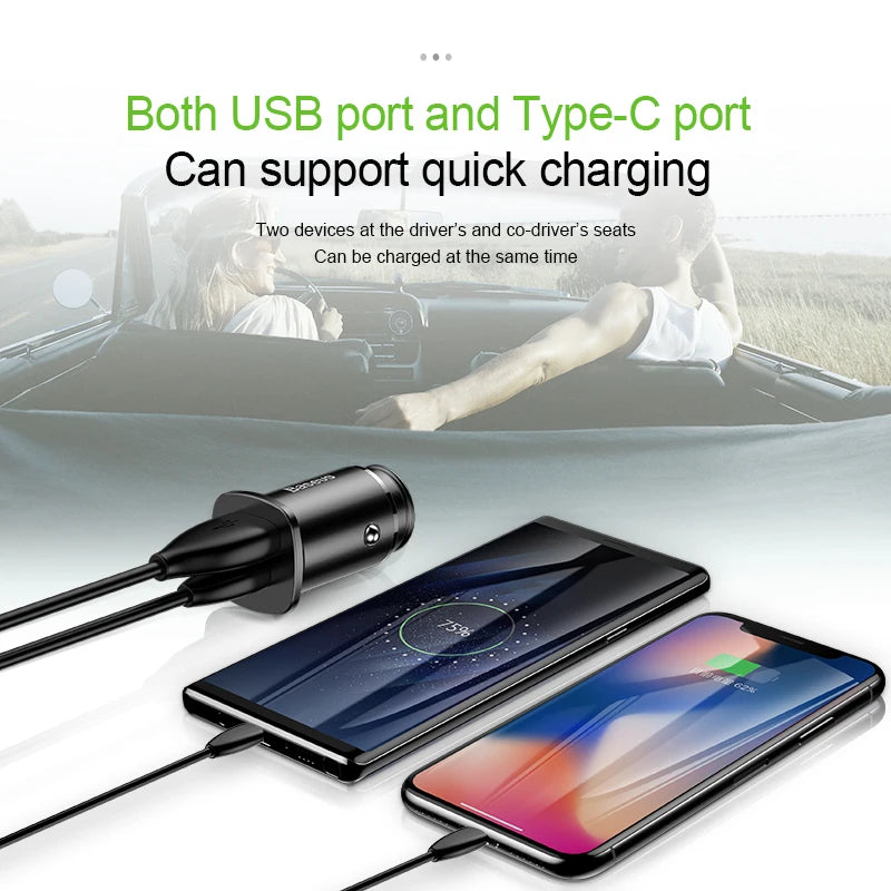 Baseus 30W Car Charger — Dual USB-C PD Fast Charge