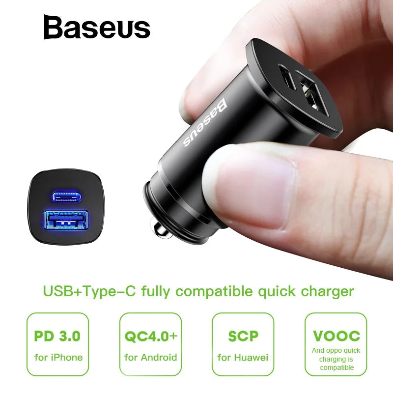 Baseus 30W Car Charger — Dual USB-C PD Fast Charge