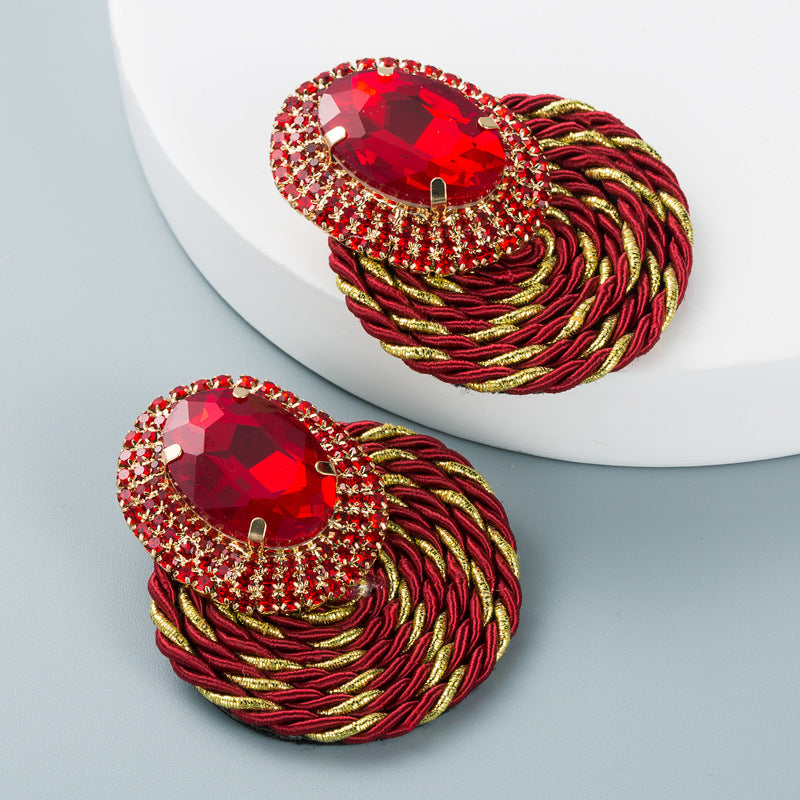 Statement Oval Crystal Earrings | Braided Jewel-Tone
