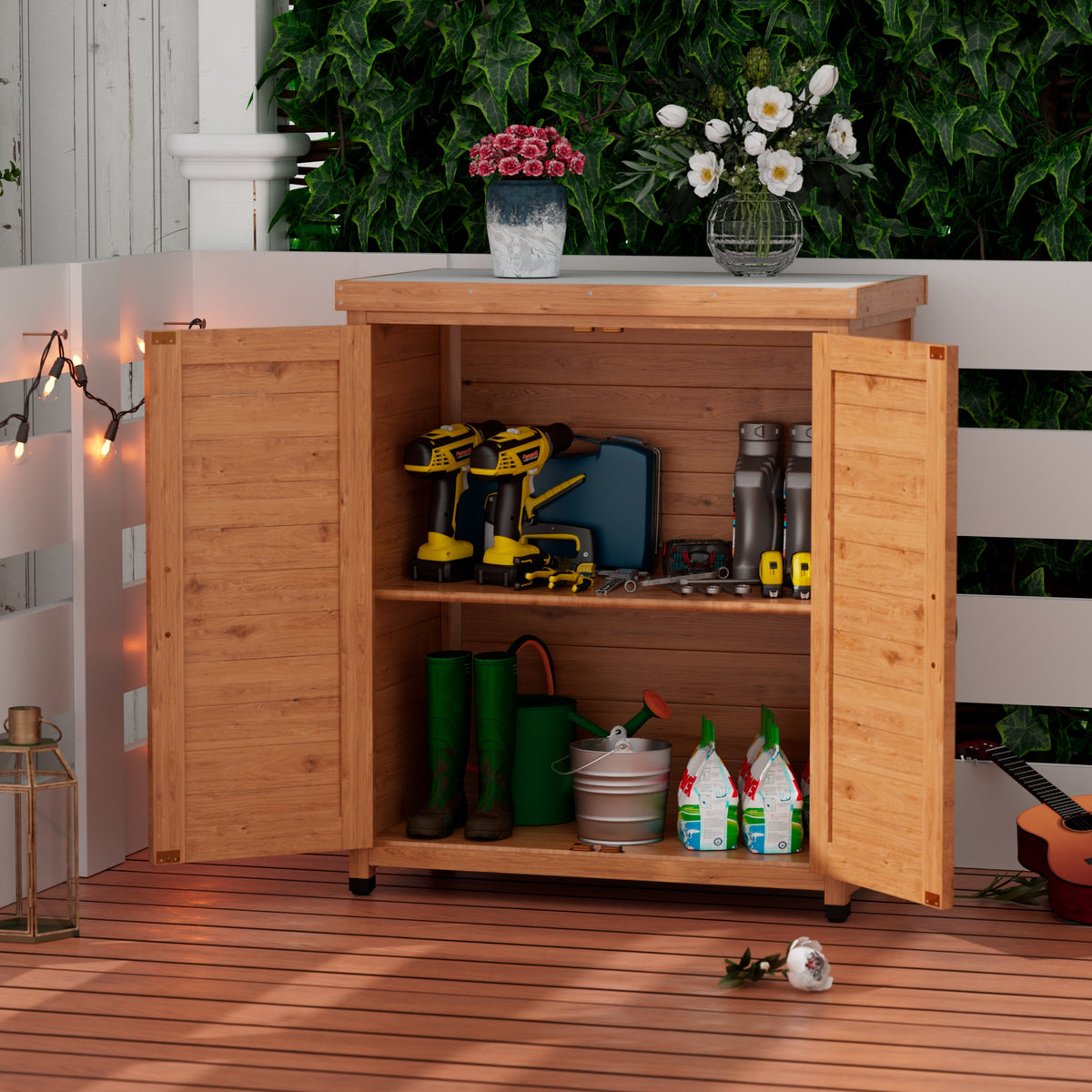 Outdoor Potting Bench with Storage Cabinet and Metal Top